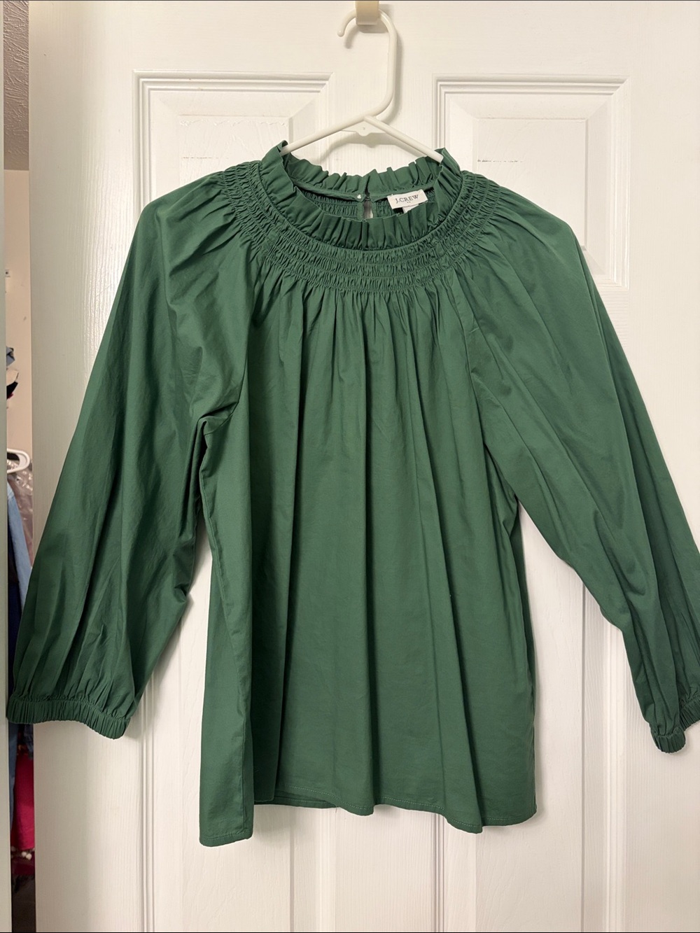 J. Crew Forest Green Smocked Yoke Long-Sleeve Blouse